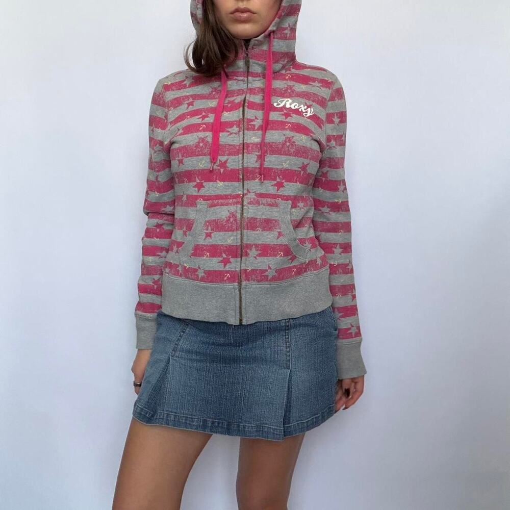 Vintage Roxy Grey & Pink Striped Star Zip Up Hoodie